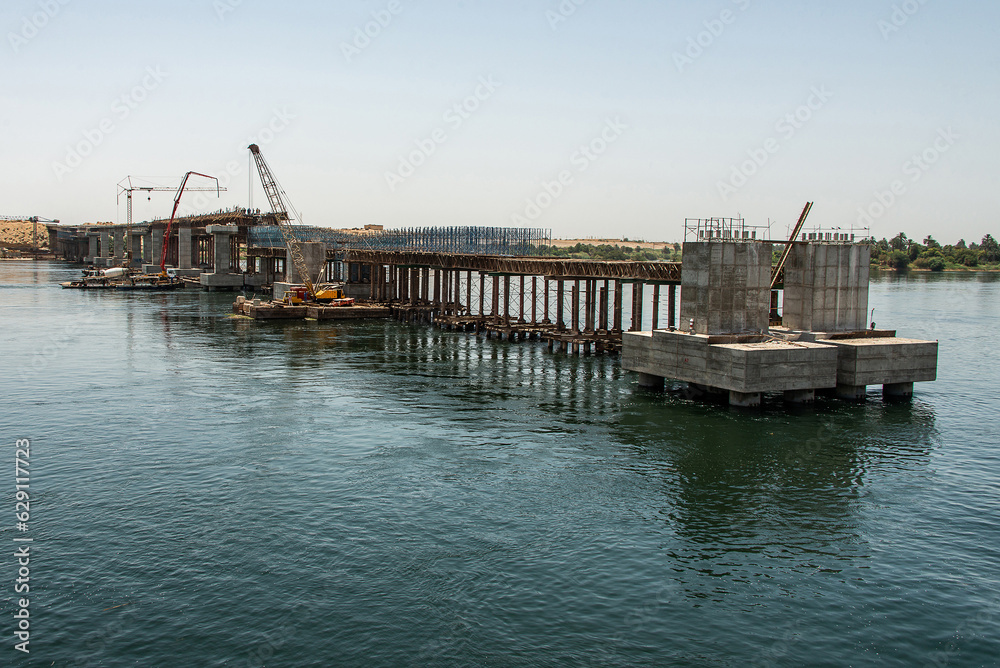 Build of new Nile river Bridge after Luxor in direction Assuan during boat cruise construction site