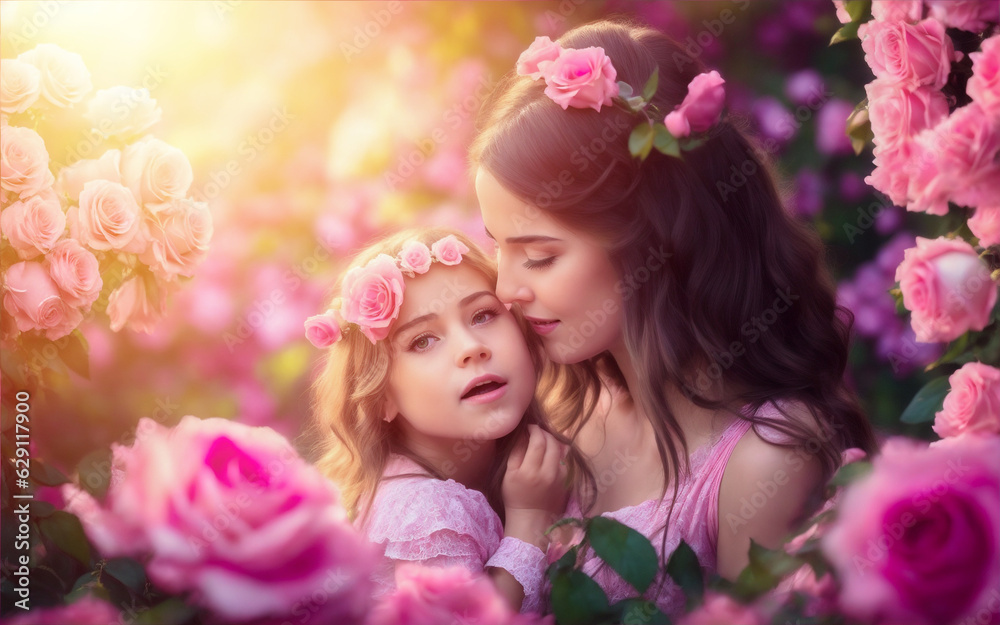 Fototapeta premium mother and child in beautiful garden, generative ai