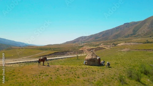 kazakh yurt mountain landscape of kazakhstan in summer