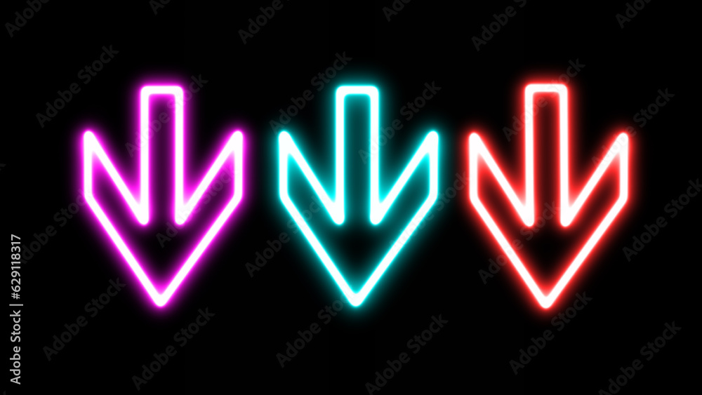 Glowing red, purple and blue three neon arrow down direction on black background. Bright neon down abstract directional icon. vector, neon glowing arrows. Direction banner. Futuristic light on black Glowing red, purple and blue three neon arrow down direction on black background. Bright neon down abstract directional icon. vector, neon glowing arrows. Direction banner. Futuristic light on black