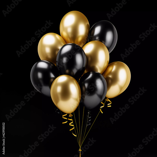 golden and black balloons on a black background. AI generated