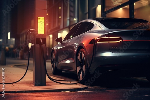  Electric car charging at a gas station in the city, industrial landscape, neon elements, healthy environment without harmful emissions. Eco concept