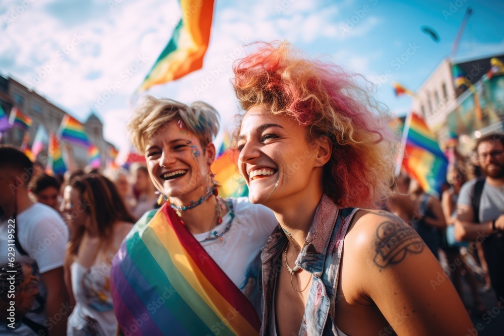 Two young women on the street attend gay pride with lgbt flag in hand Two young women on the street attend gay pride with lgbt flag in hand