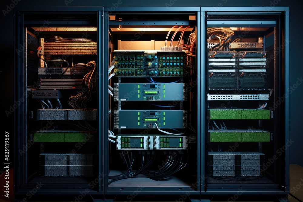 Working Data Center Full of Rack Servers and Supercomputers, Modern Telecommunications, Artificial Intelligence, Supercomputer Technology Working Data Center Full of Rack Servers and Supercomputers, Modern Telecommunications, Artificial Intelligence, Supercomputer Technology