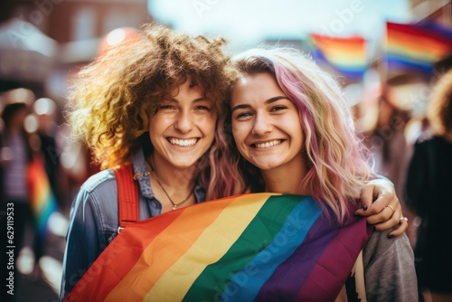 Two young women on the street attend gay pride with lgbt flag in hand © ChaoticMind