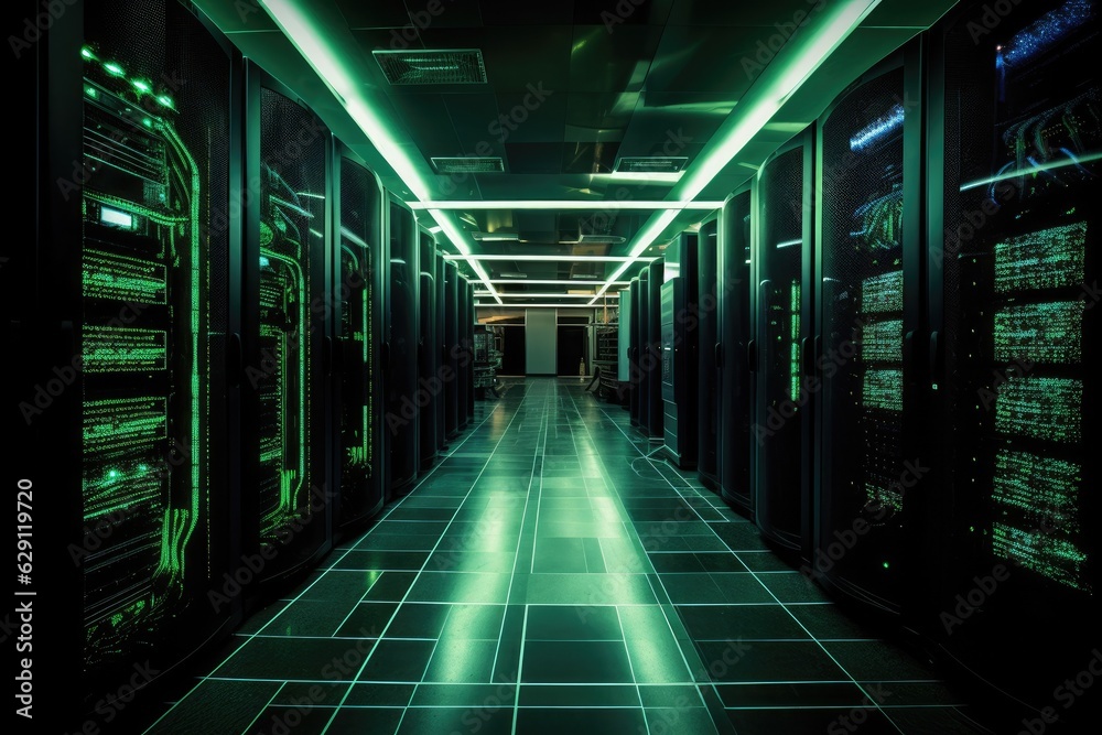 Fototapeta premium Working Data Center Full of Rack Servers and Supercomputers, Modern Telecommunications, Artificial Intelligence, Supercomputer Technology