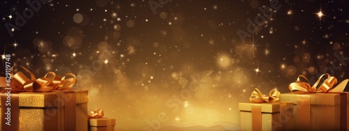 Christmas background template mock up golden decorate shiny balls and a bow on a present gift against an old wood background and defocused lights bokeh celebrate festive ideas,ai generate © VERTEX SPACE