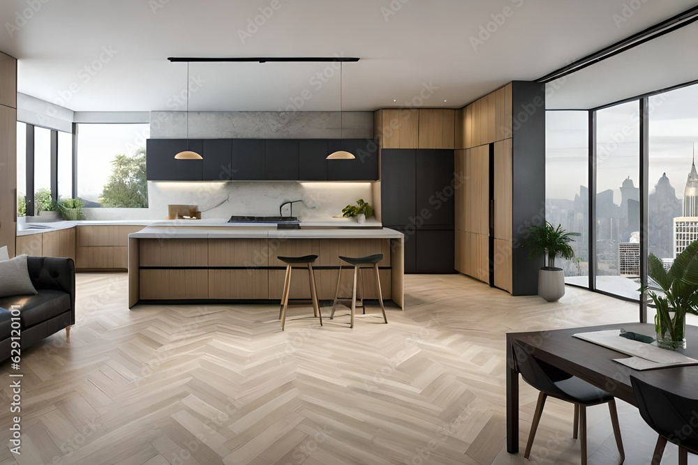 Front view of a modern designer kitchen with smooth handleless cabinets with black edges, black glass appliances, a marble island and marble countertops.AI generated Front view of a modern designer kitchen with smooth handleless cabinets with black edges, black glass appliances, a marble island and marble countertops.AI generated