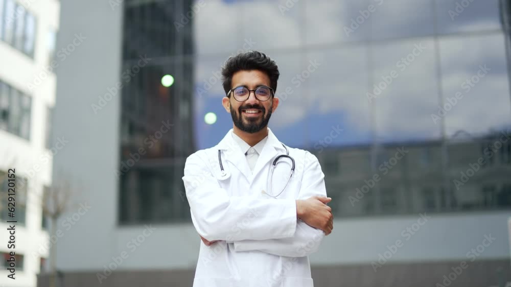 Portrait of a young smiling doctor in a white coat and glasses looking at the camera, standing outside in front of a hospital building. Positive medical worker physician posing with crossed arms Portrait of a young smiling doctor in a white coat and glasses looking at the camera, standing outside in front of a hospital building. Positive medical worker physician posing with crossed arms