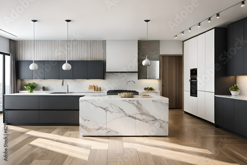 Front view of a modern designer kitchen with smooth handleless cabinets with black edges  black glass appliances  a marble island and marble countertops.AI generated