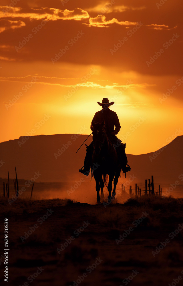 A cowboy rides a horse against the backdrop of a beautiful sunset.