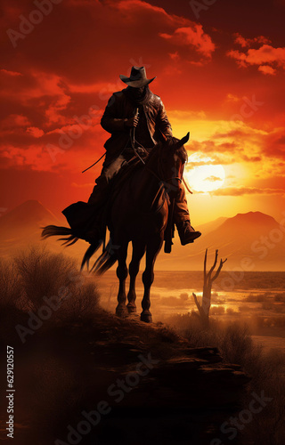 A cowboy rides a horse against the backdrop of a beautiful sunset. © ArturSniezhyn