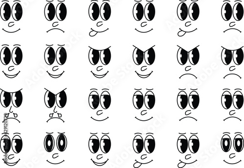 Old animation funny face caricatures. Vintage 50s cartoon and comic happy facial expressions. Retro quirky characters emoji set. Cute avatars. Vintage comic smile for logo vector set.