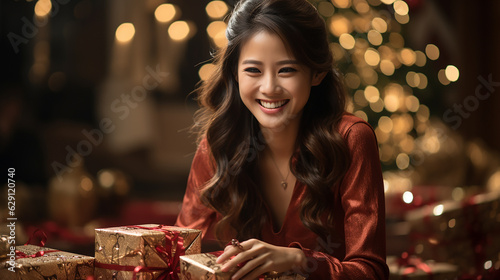 asian woman's joy while opening a christmas gift, capturing the spirit of giving and receiving, generative AI