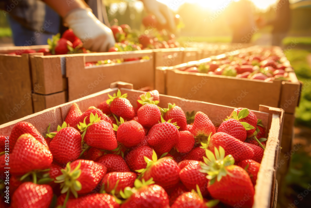 Ripe strawberry in wooden box or crates at a farm field plantation with blurred workers on background.