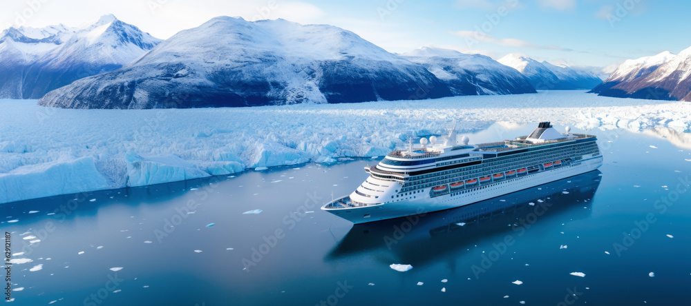 Cruise ship in majestic north seascape with ice glaciers in Canada or Antarctica.