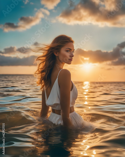 woman on the beach at sunset fashion editorial