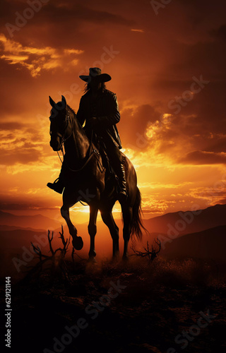 A cowboy rides a horse against the backdrop of a beautiful sunset. © ArturSniezhyn