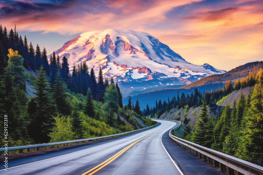 Road leading towards mount Rainier or Tahoma in Cascades range with sunset clouds hovering low in sky.