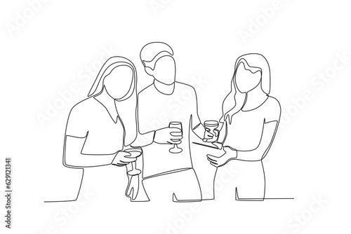 One continuous line drawing of three friends discussing past moments when they got together 