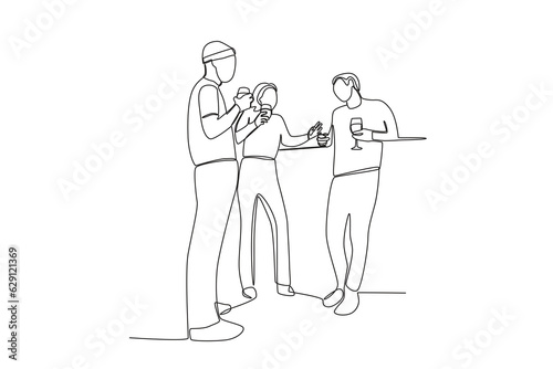 One continuous line drawing of three friends having fun talking while hanging out
