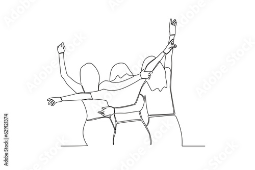 One continuous line drawing of three women who are very happy to be able to hang out together
