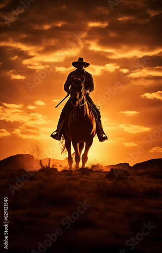 A cowboy rides a horse against the backdrop of a beautiful sunset.