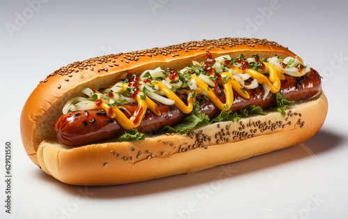 Hot dog - grilled sausage in a bun with sauces, ketchup and yellow mustard isolated on white background