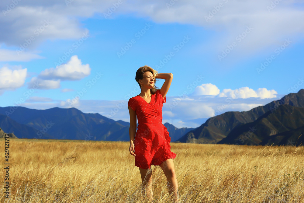 girl in the field mountains dress freedom, eco friendly, summer landscape active rest girl in the field mountains dress freedom, eco friendly, summer landscape active rest