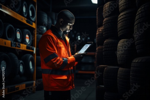 Employee scanning a bar code on a tire at a garage shop.