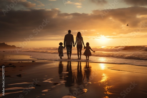 Happy family walking on a beach at sunset. Relax and joy concept. Family trip and vacations