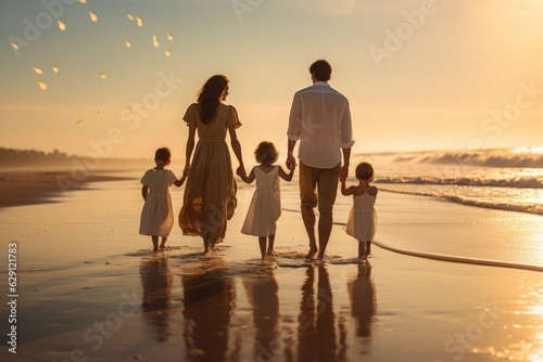 Happy family walking on a beach at sunset. Relax and joy concept. Family trip and vacations