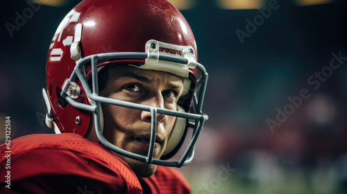 Close-up of serious American football player in red jersey looking down against sports pitch