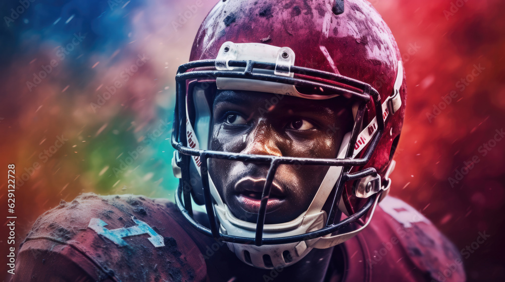 Close-up of upset American football player with ball against digitally generated image of color powder