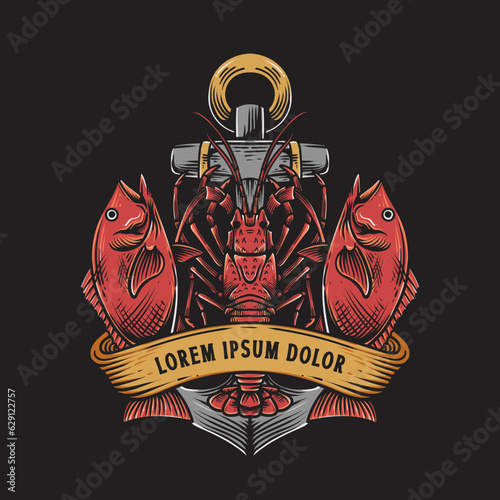 vintage seafood logo, fishing logo, lobster design with fish, engraving logo design