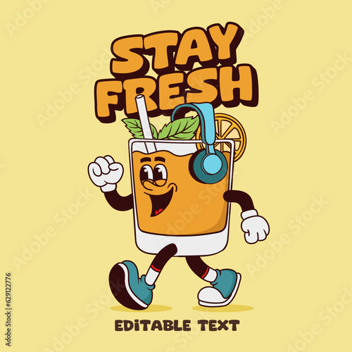 retro cartoon funny, groovy character, orange juice groovy cartoon character