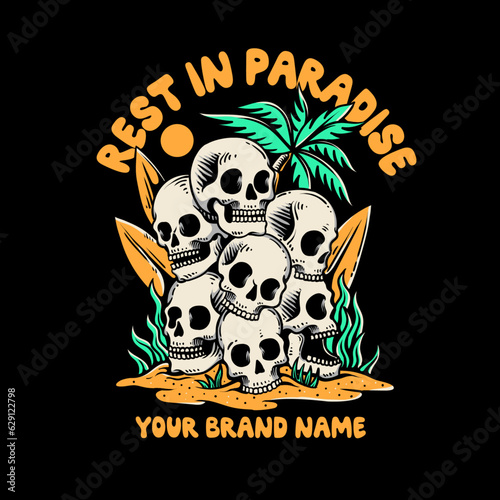 skull head in the island with surfing board, summer illustration, illustration for apparel, brand design