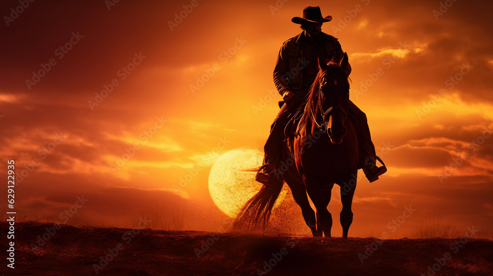 A cowboy rides a horse against the backdrop of a beautiful sunset.