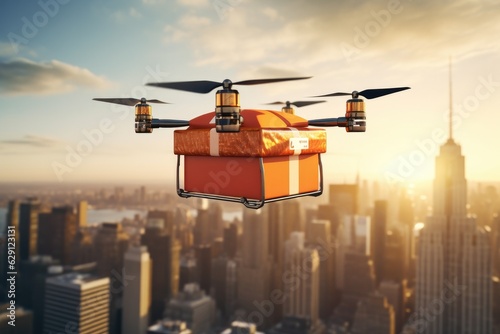 Delivery drone in warehouse. Futuristic technologies of the future
