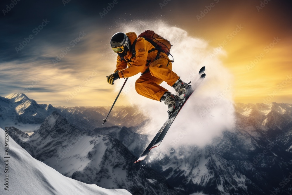 Skier jumping in the snow mountains on the slope with his ski and professional equipment on a sunny day Skier jumping in the snow mountains on the slope with his ski and professional equipment on a sunny day