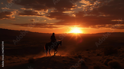 A cowboy rides a horse against the backdrop of a beautiful sunset.