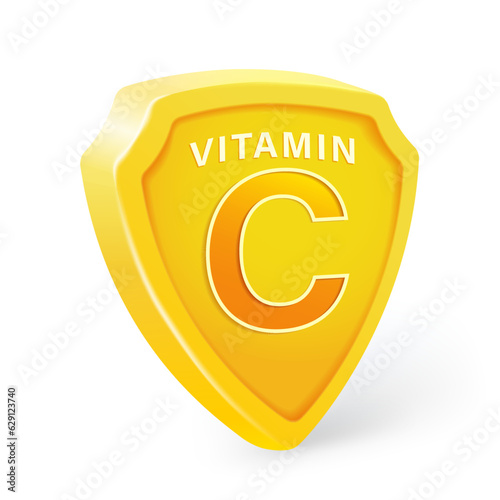 Vitamin C 3d yellow shield. Protect body and keep healthy. Label food supplements, multivitamins, medical health.