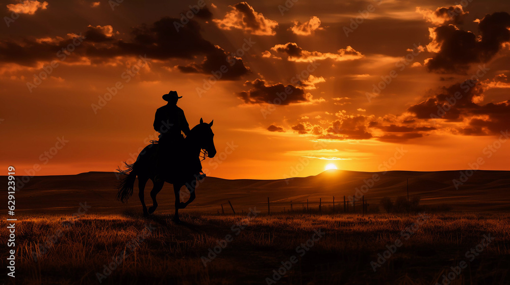 A cowboy rides a horse against the backdrop of a beautiful sunset.