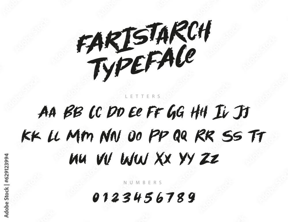 Unique modern brush font. English alphabet and numbers drawn by hand with a brush. Lettering. Latin alphabet.