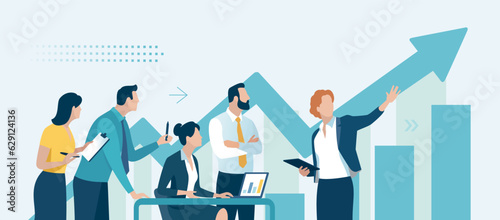 Presentation, vision, strategy . The female leader. Discussing business plan. Vector illustration