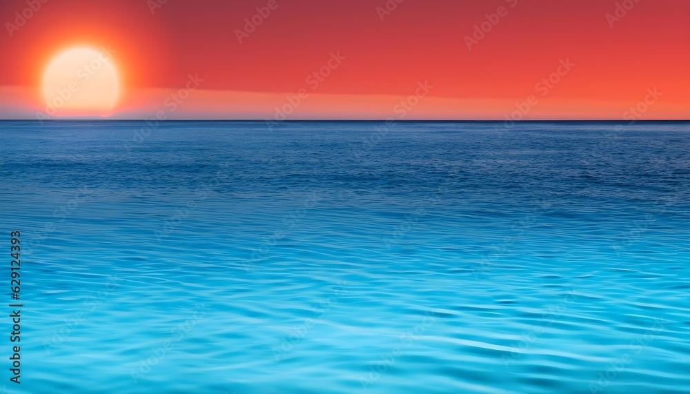 sunset on the sea, orang, red anb blue ocean with clear water and a blue sky in the background, AI Generated