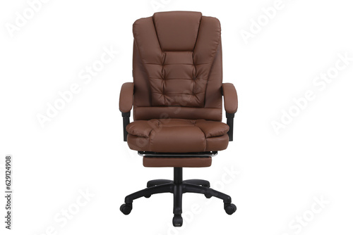 Front view of Genuine Leather office chair for Executive Officer. Brown leather office chair isolated on white background. hair for Office Work at Home, Recliner Chair with Padded Arms Leg Rest.
