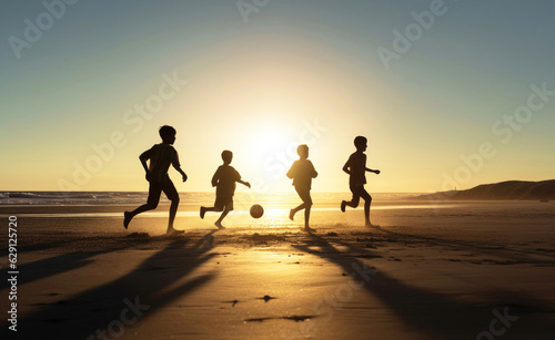 Children playing football at sunset by the sea. Created using generative AI tools