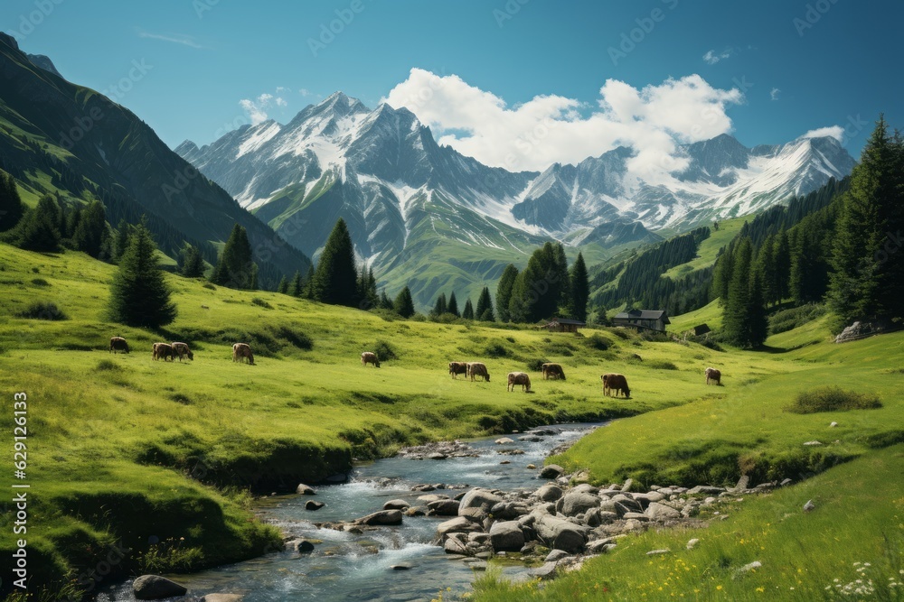 Pristine Alpine Meadow with Grazing Wild Animals, Generative AI