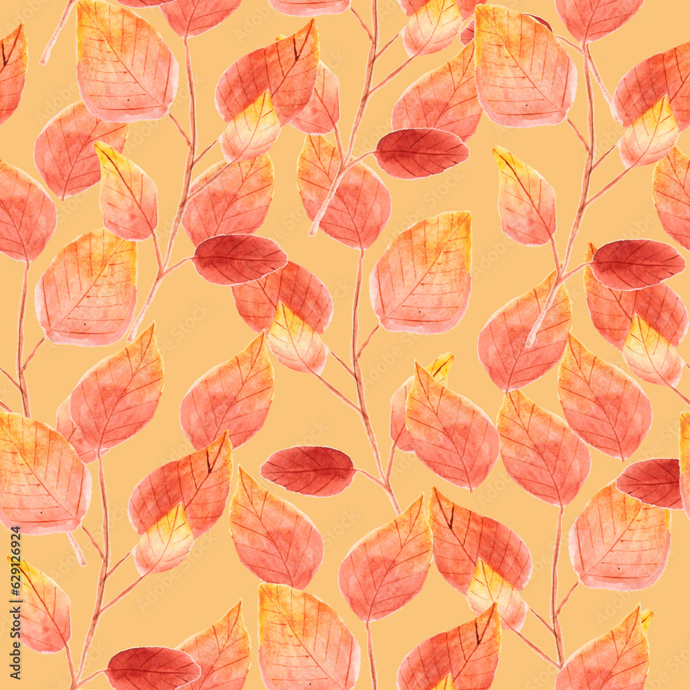 Obraz premium watercolor drawing, seamless pattern with yellow and brown leaves and twigs